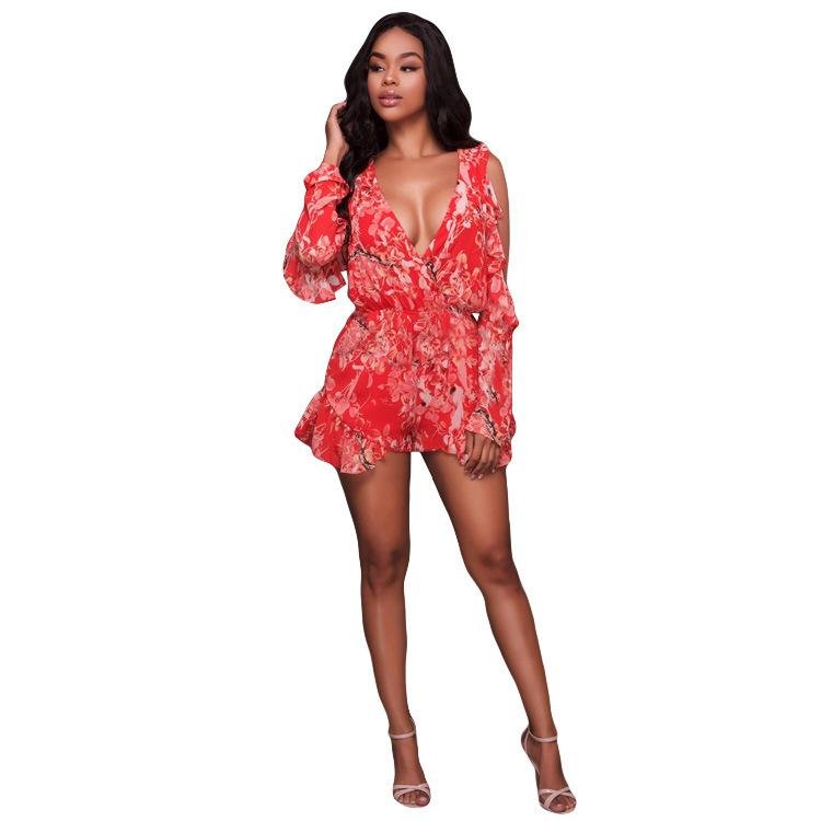 Sexy Playsuits Women Deep V-Neck Uncovered Shoulder Ruffles Elastic High Waist Playsuits Free-shippi