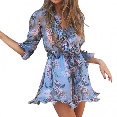 2017 summer long ruffles sleeve tunic beach playsuits women blue floral print sexy jumpsuit high qua