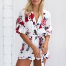 Heyouthoney women casual summer beach bohemian vintage floral print short sleeve shorts jumpsuit pla