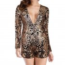 Women Sexy Deep V Neck Sequin Playsuit Summer Long Sleeve Club Party Bodycon Rompers Leotard Party C
