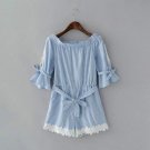 Fashion Ladies\' elegant sexy cold shoulder striped jumpsuit lace short pants  slash neck Rompers wi