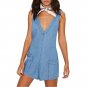 Denim Solid Blue Sexy Slim Casual Loose Short Women Rompers Plunge Neck Sleeveless Backless Pockets 