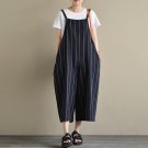 2018 Fashion Women Spaghetti Straps Big Overalls Pockets Striped Cotton Linen Jumpsuit Wide Leg Pant
