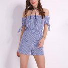 Stripe Rompers Womens Jumpsuits 2018 Summer Embroidery Overalls Fashion Sexy Slash Neck Vintage Play