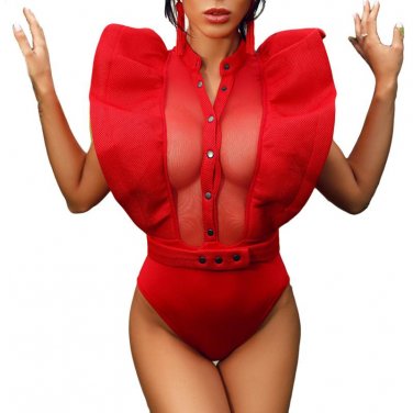 Hot Sexy Mesh Bodysuit Bodycon Jumpsuits For Women 2018 Summer Ruffle Romper Ladies Fitness Playsuit