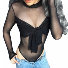 2018 Autumn High Neck Sheer Mesh Bodysuit Women Sexy Black Mock Neck Body Jumpsuit Long Sleeve Bodyc