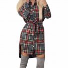 Lady Plaid Tie Dress Sexy Slim Long Sleeve Button Casual Plaid Tie Shirt Romper Dress Moda Feminina