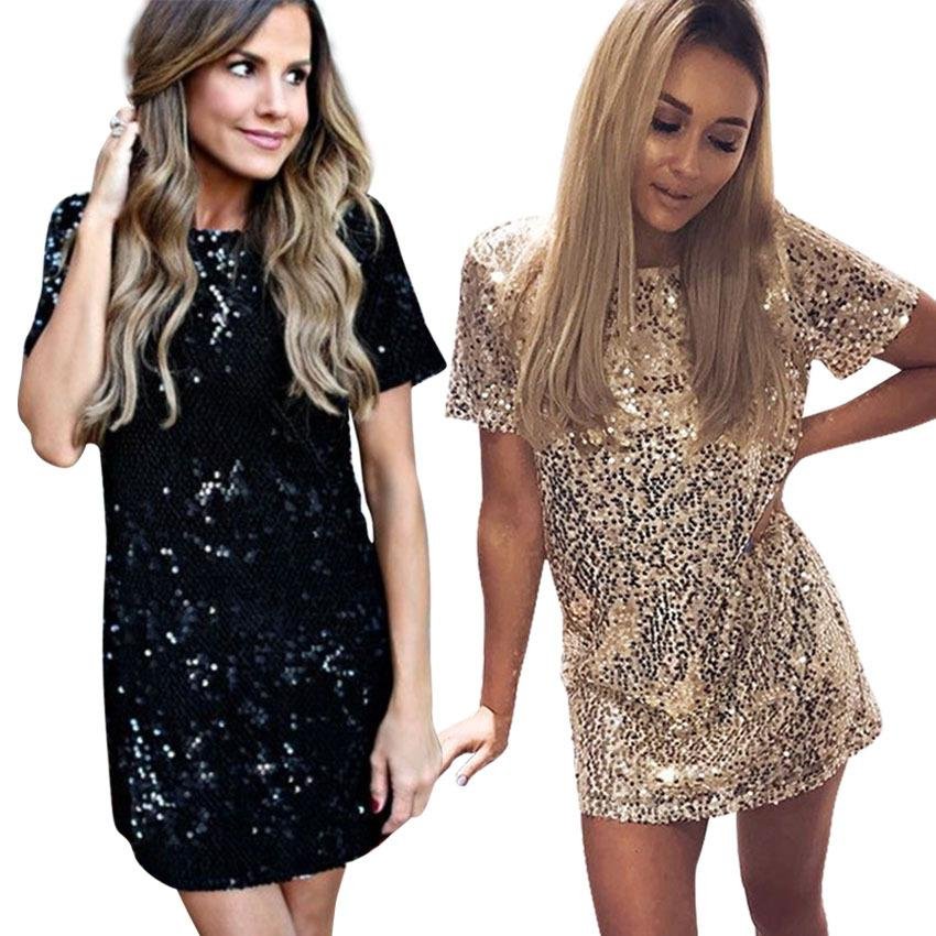 Vestido 2018 Neck Short Sleeve Gold Sequined Party Dresses Women 2018 Summer Style Casual Vestido Se