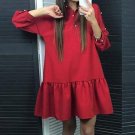 Women Loose A-Line Dress Fashion Dress Casual O-Neck 3/4 Sleeve Vestidos Ruffles Hem Beading Pearls 