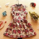 New retro dress high waist  pearl oil painting flowers sleeveless puff vest tank dress