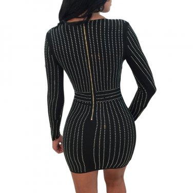 NEW Black/white Party Beading Dress Women Black Long Sleeve Bodycon Sheath Dresses New Fashion Elega