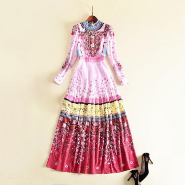 HIGH QUALITY New 2017 Designer Runway Maxi Dress Women\'s Long Sleeve Beading Vintage Floral Printed