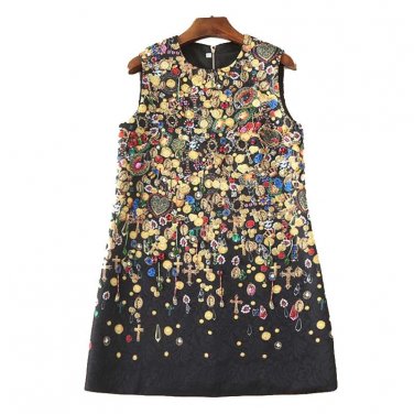 High Quality 2018 Women Designer Runway Spring Summer Dress Sleeveless Straight Beading Printed Jacq
