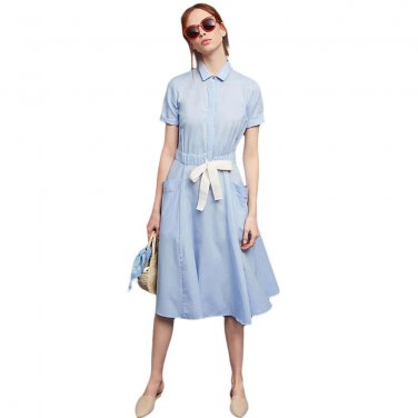 Dress Turn-down Collar Bow Tie Lace Up Pockets Vestidos