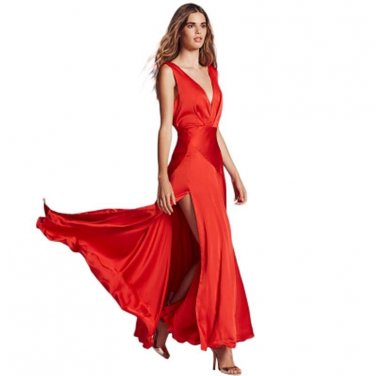 V-neck Backless Split Zipper Side Ruffles Vintage Lady Dresses
