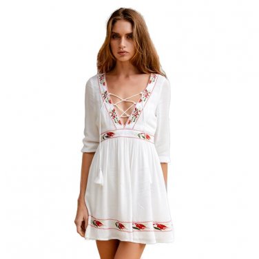 Embroidery Print Lace Up V-Neck Regular Cute Summer Half Sleeve Dress