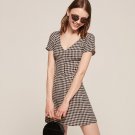 Black and white gingham short sleeve dresses for women preppy style slim fit V neck mini dress ladie