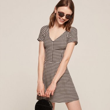 Black and white gingham short sleeve dresses for women preppy style slim fit V neck mini dress ladie