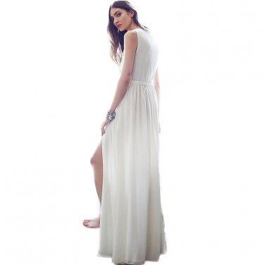 White Deep V Neck High Open Split Dress Women Fashion Single Breasted Sleeveless Party Long Beach Dr