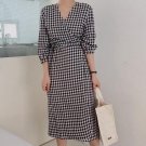 Cotton Fashion Belt Plaid V-neck Dress Female