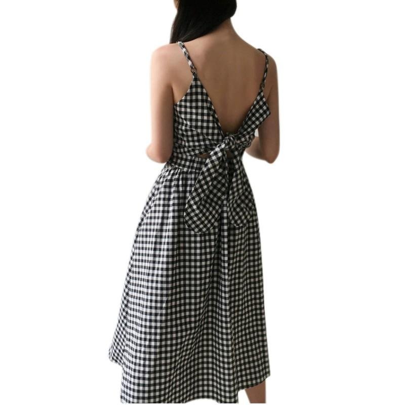 Temperament V Collar Back Bow Tie Lattice Sling Dress.