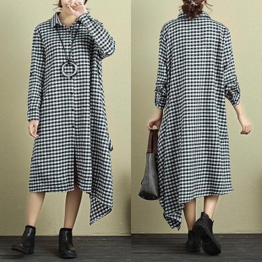 Dress Button Plaid Oversized Vestidos