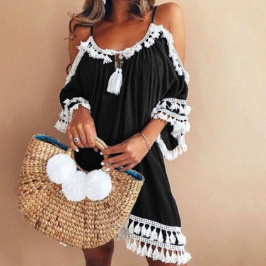 Backless Short Sleeve Tassel Women Dresses Dress