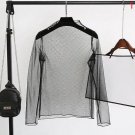 Women Fashion Sexy Slim Lace Net Yarn Hollow Black Blouse Lady Long Sleeve Stand Collar Tops Bottomi