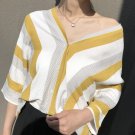 Summer Elegant Women Blouse Yellow Stripes Deep V Neck Cross Backless Linen Blouse Tops