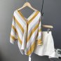 Summer Elegant Women Blouse Yellow Stripes Deep V Neck Cross Backless Linen Blouse Tops