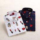 Dioufond Print Women\'s Long Sleeve Blouse Shirts Lipstick Floral Ladies Blouses Cotton Fashion Blus