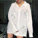 Women\'s Tops and Blouses Cotton White Shirt Line Face Print Retro Shirts with Long Sleeve White Blo