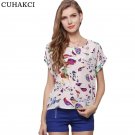 CUHAKCI Summer Women Sunflower Bird Chiffon Print Blouse Stripe Plaid Shirt Cross Love Blouse Short 