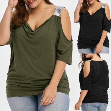 Plus Size Women Cold Shoulder Loose Casual Short Sleeve Shirt Tops Blouse Tops