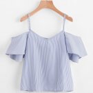 Women Summer Pinstripe Blouse Cold Shoulder Top