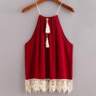 2017 New Arrival Fashion Women Lace Trimmed Tasselled Drawstring Blouse Wine Red Tops shirt Sleevele