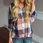 Women Casual Matching Color Long Sleeve Button Loose Plaid Shirt Blouse Top