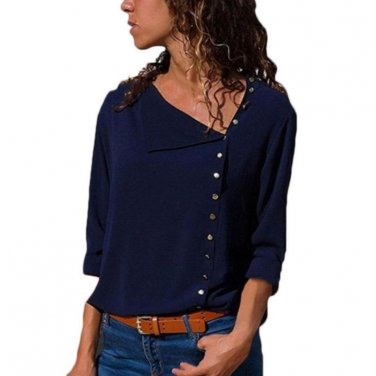 Women Casual Turn Down Collar Shirt Irregular Side Single Breasted Tops