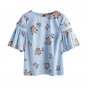 Sweet Ruffles Floral Blouse Women Half Sleeve Stripe Floral Printed Blouse Casual Tops Loose Shirt b