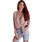 2017 Autumn Blouse Sexy Office Lady Women Long Sleeve V-neck Tops Shirt Loose High Quality Pink Blus