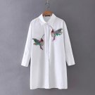 Hanyiren Women Bird Embroidered Blouse fashion Long sleeve high quality white turn down collar Shirt