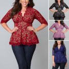 5XL Large sizes women clothing Summer Lace Floral Half Sleeve Blouse women V-Neck Sexy club Office T