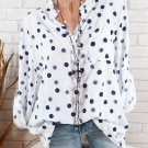 Spring Summer Shirts Women Casual Adjustable Long Sleeve Polka Dot Print Stand Collar Pockets Button