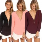 Spring Summer Women Sexy Deep V Neck Chiffon Long Sleeve Slim Basic Shirt Tops Blouse Street Fashion