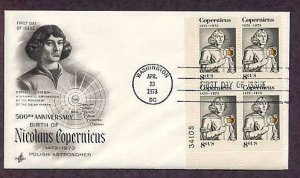 Polish Astronomer Nicolaus Copernicus, Plate Numbered Block, First Issue FDC USA