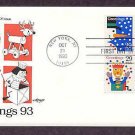 Christmas 1993 Stamps, USPS, Jack-in-the Box, Reindeer, Snowman, Toy Soldier First Issue USA