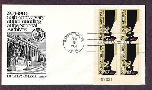 50th Anniversary of the Founding of the National Archives, Plate Block First Issue FDC USA