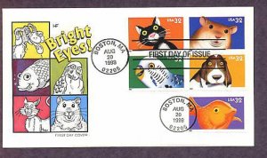 Bright Eyes, Pets, Dog, Cat, Goldfish, Parakeet, Hamster, First Issue FDC USA