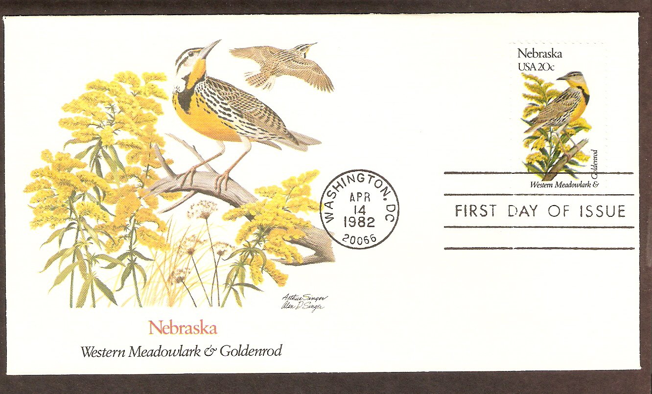 Nebraska Birds and Flowers, Western Meadowlark, Goldenrod, FW First