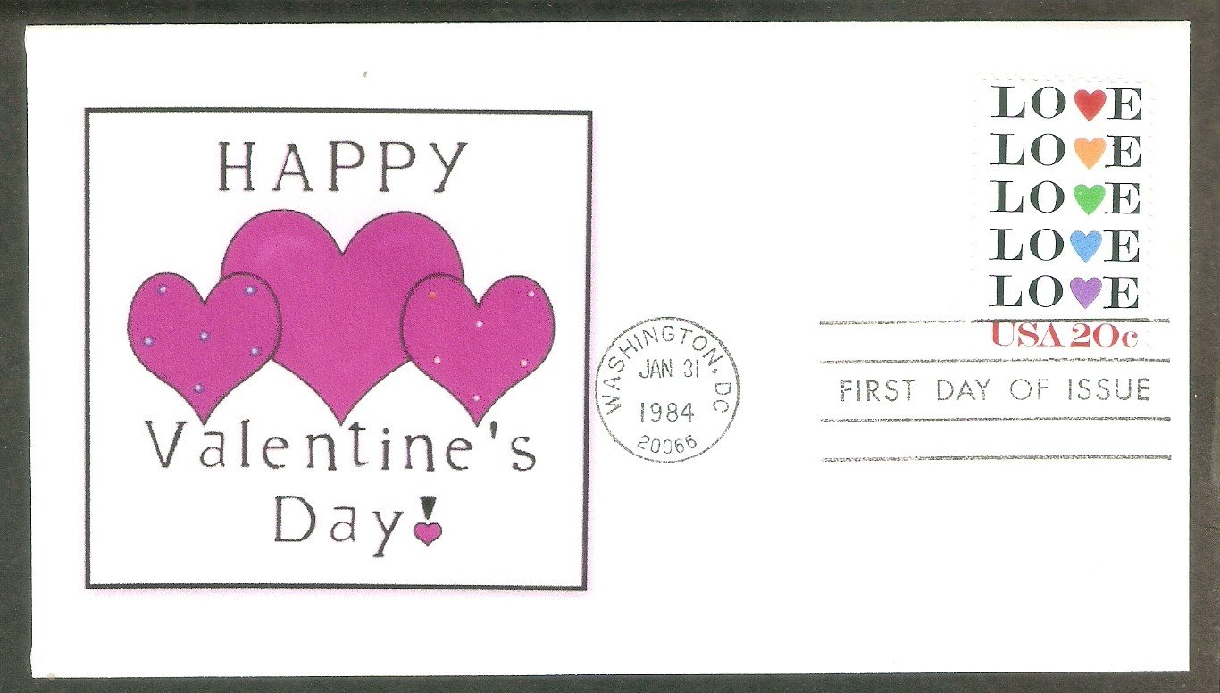 Love Postage Stamp, Happy Valentine's Day, Hearts, First Issue FDC USA